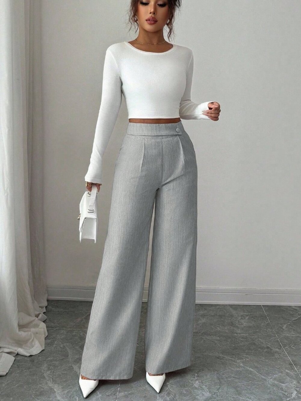 Grey Casual Women's Work Office Loose Flowy Straight Leg Pants - Picture 6 of 7